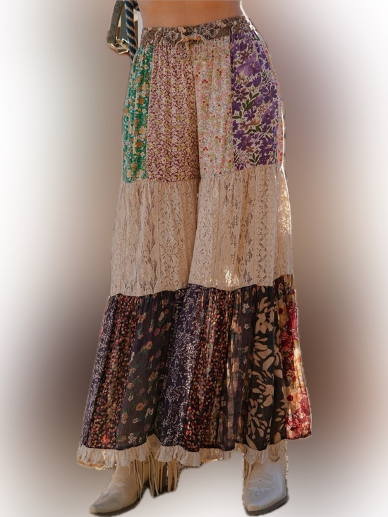 Young Threads Pants - NWT- Boho Patchwork Lace-Tier Wide Leg Pants in Multicolor Young Threads